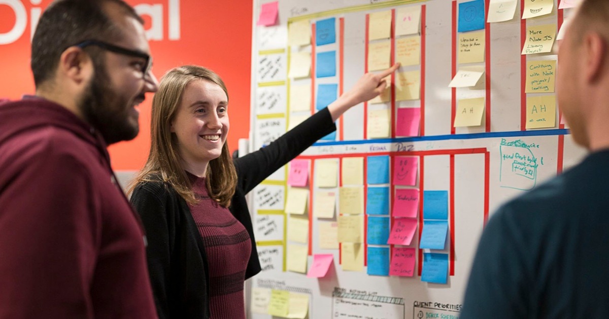 A person pointing at a kanban board while two others look on