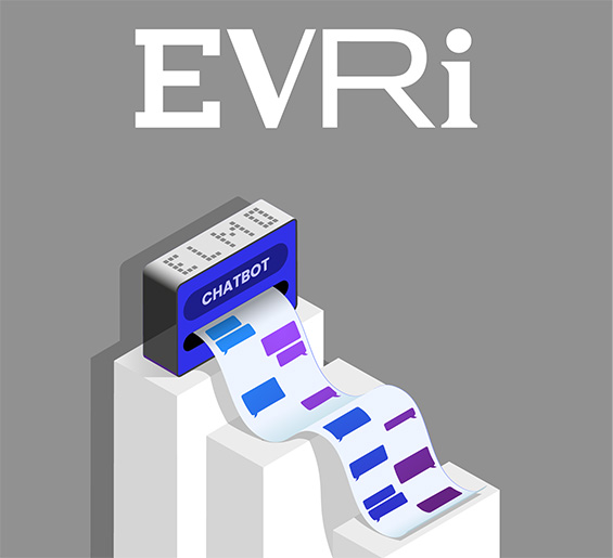 The Evri logo accompanied by an illustration depicting a chatbot